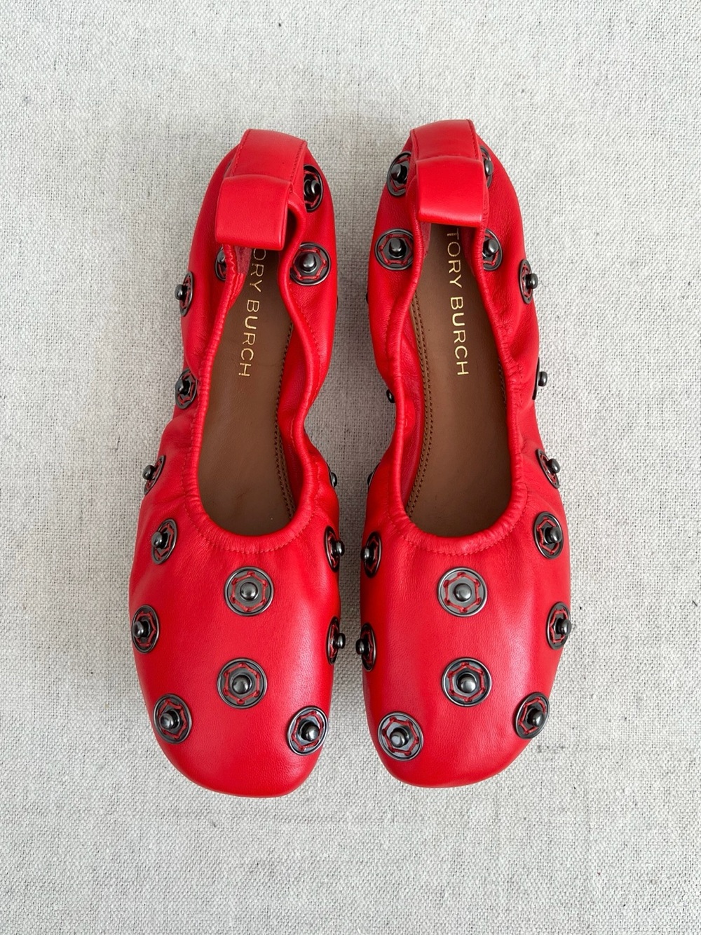 NEW Tory Burch Red Nappa Eyelet Snap Ballet Flats